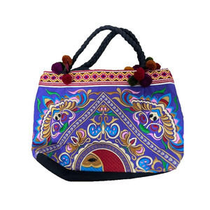 Embroidered 100% Cotton Thailand Boho Hand Bag Shoulder Bag Purse Zipper Pom Pom